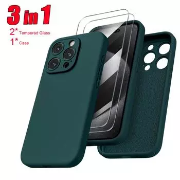 3 в 1 3 шт. = 1 чехол + 2 стекла Жидкий силикон для iPhone 15 12 13 14 Pro Max Mini Plus X XS MAX 6 6S 7 8 SE 2022 Защитная пленка для экрана из закаленного стекла iPhone 15 Plus белый