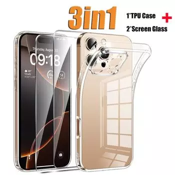 3 в 1 3 шт = 1 чехол + 2 стекла для Apple iPhone 11 12 13 14 15 16 Pro Max Plus Mini X XS XR Max Защитная пленка для экрана из закаленного стекла Защитная пленка TPU iPhone 16 Pro Max белый