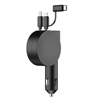 3 в 1 60 Вт Автомобильное быстрое зарядное устройство Телескопический шнур USB C Быстрое автомобильное зарядное устройство для мобильного телефона чёрный