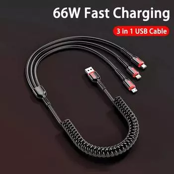 3 в 1, 66 Вт, 6 А, кабель USB Type C для быстрой зарядки, кабель Micro USB для iPhone, зарядный кабель для Samsung, Xiaomi, зарядный кабель 1.5 M