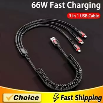 3 в 1, 66 Вт, 6 А, кабель USB Type C для быстрой зарядки, кабель Micro USB для iPhone, зарядный кабель для Samsung, Xiaomi, зарядный кабель 1.2m