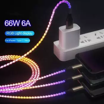 3 в 1 66 Вт 6A RGB светящийся кабель типа C для iPhone 14 13 Pro Max светодиодный USB-кабель для быстрой зарядки для Samsung Xiaomi провод для зарядного устройства
