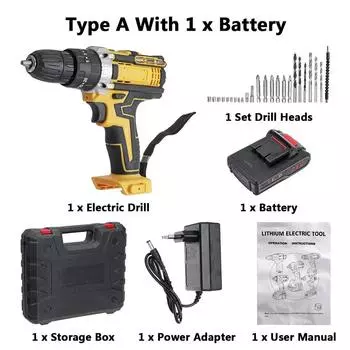 3 в 1 Беспроводная электрическая ударная дрель Электрическая отвертка Электроинструменты Ударная дрель с крутящим моментом 300 с аккумулятором 1/2 шт. 21 В 1*Battey