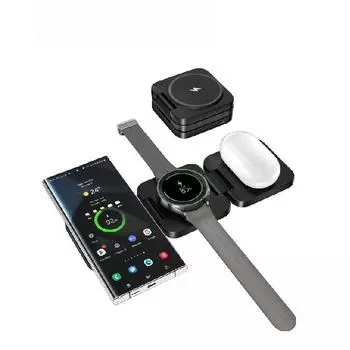 3 в 1 беспроводная зарядная подставка для Samsung Galaxy S23 Ultra/S24/S22/S21 S20 и т.д. серий, для Galaxy Watch Ultra 6/5/4/3/Earb Black-USB Port