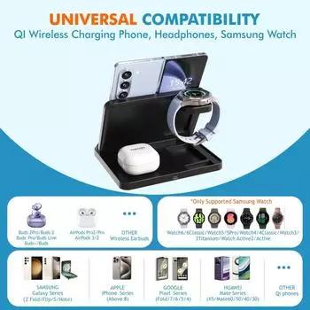 3 в 1 беспроводная зарядная подставка для Samsung Z Fold Zflip5 S24 S23 Ultra Galaxy Watch 6 5 Buds2 складная док-станция для быстрой зарядки чёрный
