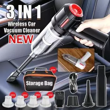 3 в 1 беспроводной автомобильный пылесос 9000Pa ручной пылесборник 120 Вт портативный пылесос с сильным всасыванием для очистки домашнего рабочего стола в автомобиле чёрный