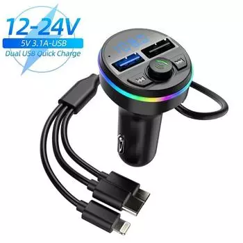 3 в 1 Bluetooth 5.0 FM-передатчик USB Type C Автомобильный комплект MP3-модулятор плеер Аудиоприемник громкой связи с 3-разъемным зарядным кабелем для IPhone Huawei