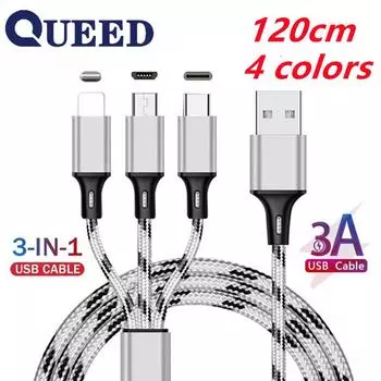 3 в 1 быстрый кабель для мобильного телефона, быстрое зарядное устройство, кабель Micro USB типа C, Android-кабель для зарядки для IPhone 3, круг для зарядки чёрный