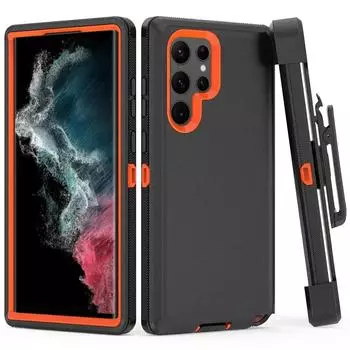 3 в 1 для Samsung Galaxy S22 S21 S20 S23 S24 ULTRA S10 Plus Note 20 10 9 8 сверхпрочная броня противоударный + зажим для ремня чехол S22 чёрный