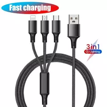 3 в 1 кабель для передачи данных iPhone для iOS, Android, быстрое зарядное устройство, кабель для передачи данных Micro USB Type-C для iPhone 14, 13, 12, 11, X 8, Samsung, Xiaomi, Huawei 1.2m
