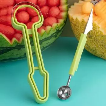 3-в-1 Лопатка для фруктовых шариков Ложка для дыни Сепаратор мякоти Инструменты для резьбы по фруктам из нержавеющей стали для дыни Арбуз Киви Кухонный магазин фруктов зелёный