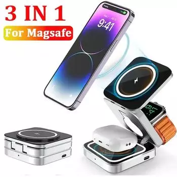 3 в 1 магнитная беспроводная зарядная подставка для iPhone 16 15 14 Pro Max Airpods Apple Watch S10 9 Ultra Magsafe быстрая зарядная станция чёрный