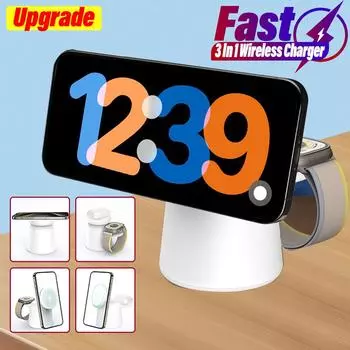 3 в 1 магнитная беспроводная зарядная подставка складная для iPhone 15 14 13 12 Pro Max Airpods IWatch 9 8 7 6 док-станция для быстрой зарядки чёрный