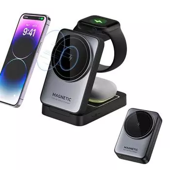 3 в 1 магнитная беспроводная зарядная подставка-подставка для iPhone 16 15 14 Pro Max iWatch S10 Ultra 9 Airprods Magsafe быстрая зарядная станция чёрный