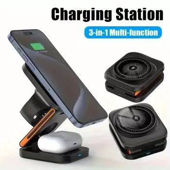 3 в 1 магнитная беспроводная зарядная подставка для iPhone 16 15 14 13 12 Apple Watch AirPods Station Dock MagSafe Fast Charge Station белый