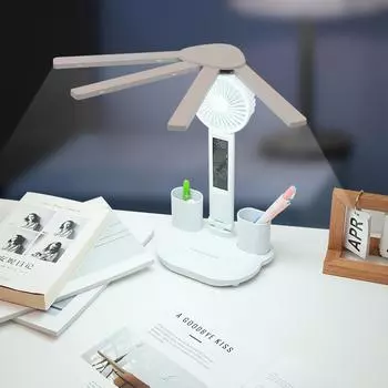 3 в 1 многофункциональная настольная лампа светодиодная лампа для чтения с четырьмя головками складной веер календарь часы USB аккумуляторная настольная лампа для чтения