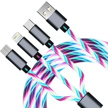 3-в-1 многофункциональный кабель для зарядки с цветной светодиодной подсветкой USB на Type-C/Micro USB/Lightning многофункциональный кабель для зарядки USB шнур для быстрой зарядки для телефонов iPhone и Samsung красный