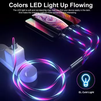 3-в-1 многофункциональный кабель для зарядки с цветной светодиодной подсветкой USB-Type-C/Micro USB/Lightning многофункциональный кабель для зарядки USB-кабель для быстрой зарядки для телефонов iPhone и Samsung красный