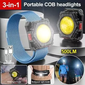 3 в 1 многофункциональный налобный фонарь COB, перезаряжаемый через USB, наручный фонарь, уличный ночной фонарь для бега на пояс, портативный фонарь для рыбалки на пояс 1PC