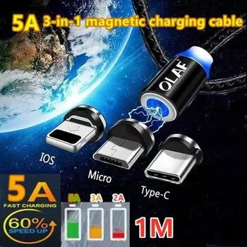 3-в-1 нейлоновый плетеный магнитный кабель для зарядки съемный светодиодный магнитный кабель для передачи данных для IOS / Micro / C / USB кабель для быстрой зарядки Micro USB Plug With 1M Cable чёрный