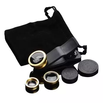 3 в 1 объектив для телефона с клипсой 180° Fish Eye + 0.67X широкоугольный + макрообъектив для фотосъемки мобильного телефона смартфона чёрный