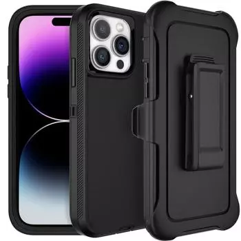 3 в 1 Otter Case Box Stand для iPhone 16 Pro MAX 14 13 12 11 15 XSMAX XR X XS SE 6 7 8 Plus Holder Heavy Duty Armor Case с креплением на ремень и подставкой for iPhone 16 чёрный