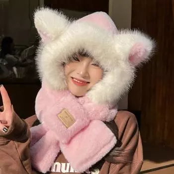 3-в-1 плюшевая шапка шарф теплая ушанка наушники новые трехкомпонентные с капюшоном для взрослых и детей белый