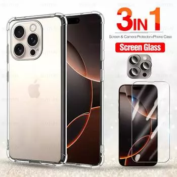 3 в 1 прозрачный чехол, стекло и пленка для линз для Apple iPhone 16 Pro Max 2024 6,9 дюймов чехол для телефона aiphone iPhone16 Plus 16Pro 16ProMax for iPhone 16 прозрачный