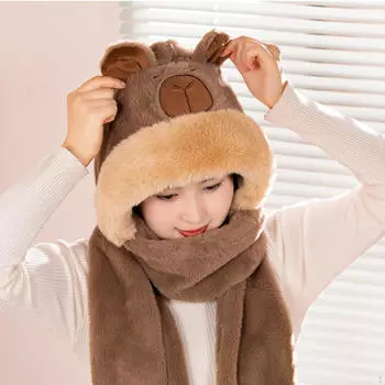 3 в 1 шапка с изображением животных, шарф и перчатки для женщин зимой темно-коричневого