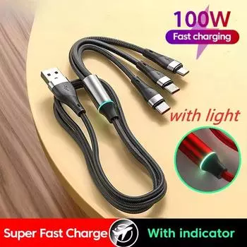 3 в 1 шнур для быстрой зарядки 1,2 м для iPhone 14 Samsung Xiaomi 100 Вт 6 А кабель для передачи данных Micro USB Type-C провод для зарядки USBC 1.2m
