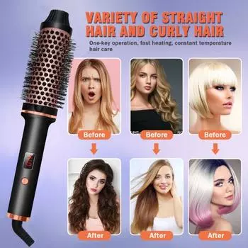 3-в-1 термощетка с ЖК-дисплеем, портативная круглая дорожная щетка с подогревом, быстрый нагрев, многоцелевая горячая щетка для завивки волос с отрицательными ионами US Plug чёрный