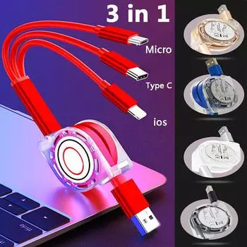 3 в 1 USB-кабель для зарядки для iPhone, кабель Micro USB и USB C, выдвижной портативный зарядный кабель для Iphone X 8, Samsung S9 белый