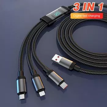 3 в 1 USB-кабель для зарядки, кабель Micro USB Type C, 120 Вт, кабель для быстрой зарядки, цифровой дисплей для iPhone 15, 14, Samsung S23, Xiaomi, OPPO, телефон 1.2m чёрный
