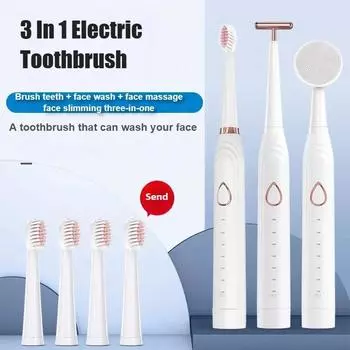 3 в 1 USB перезаряжаемая ультразвуковая зубная щетка для взрослых 6 режимов чистки звуковая электрическая зубная щетка очиститель для лица моющаяся щетка розовый