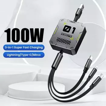 3 в 1 выдвижной телефонный кабель для передачи данных Type C Usb 100 Вт кабель для быстрой зарядки подходит для iPhone Huawei Xiaomi Android Micro 1.2m зелёный