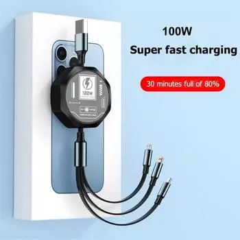 3 в 1 выдвижной USB-кабель 100 Вт для быстрой зарядки и передачи данных Micro USB Type C для Iphone Android Phone Xiaomi Huawei OPPO 1.2M