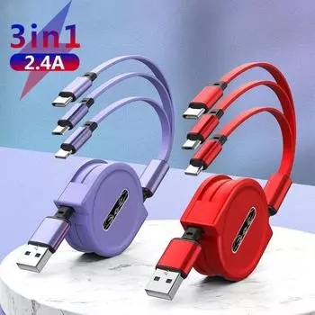3 в 1 зарядный кабель выдвижной USB зарядка быстрая зарядка для XiaoMi HuaWei Samsung портативный зарядный кабель Micro Type-C розовый