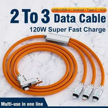 3 в 2 Type-C для мобильного телефона, USB-кабель для быстрой зарядки, 66 Вт, кабель для передачи данных, подходит для iPhone, Huawei, OPPO, Xiaomi, Samsung, Redmi, зарядный кабель 1.2m синий