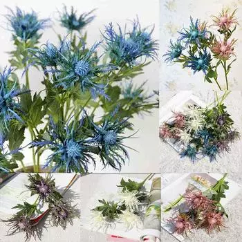 3 вилки цветы искусственные растения синеголовник чертополох листья домашний декор для вечеринки белый