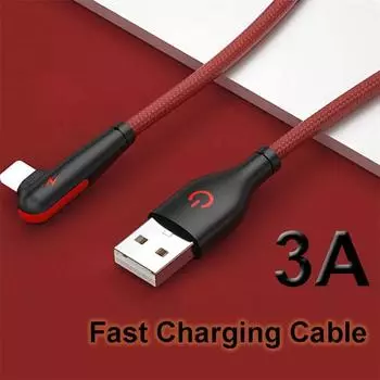 3A 90-градусный USB-кабель для зарядного устройства, локоть, кабель для передачи данных для iPhone 6, 7, 8 Plus 11, 12, 13, 14 Pro Max X XR, шнур для быстрой зарядки iPad, 2 м 1M чёрный