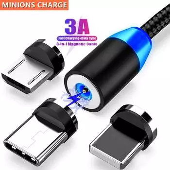 3A светодиодный магнитный USB-кабель для быстрой зарядки iPhone, кабель типа C, магнитное зарядное устройство, зарядка данных, кабель Micro USB, кабель для мобильного телефона, USB-шнур Micro USB чёрный