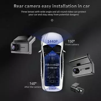 3cameras Car DVR Dash Cam 2K WIFI Parking monitor Auto Mobile APP LCD 1440P night vision front inside rear big angle NONE