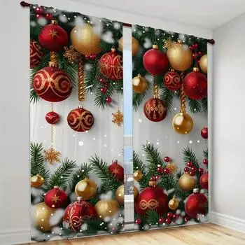 3D2 Pieces Christmas Deer Bell Pine Branch Patterns Curtains Rod Pocket Mount Digital Printed Polyester for Living Room Kitchen 100W130H(CM)&Rod Pocket