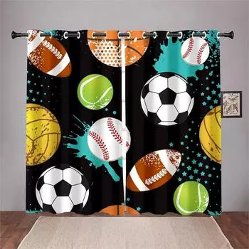 3D 2 panel Football Soccer Rugby Basketball Printed Curtains for Sports Boys Bedroom Blinds Floor-to-ceiling Windows Grommet Top (W50cmxH130cm)x2&Rod Pocket