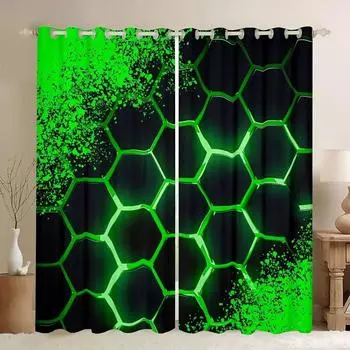 3D 2 panel Glowing Honeycomb Hexagon Geometric Printed Curtains Bedroom Game Room Living Room Kitchen Windows Grommet Top cortin (W50cmxH130cm)x2&Rod Pocket