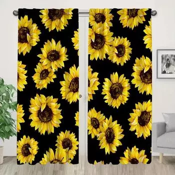 3D 2panels Black Sunflower Printed Curtain, Rod Pocket Curtain For Bedroom Office Kitchen Living Room Study Home Decor W65X60H(cm)X2Pcs&Hook
