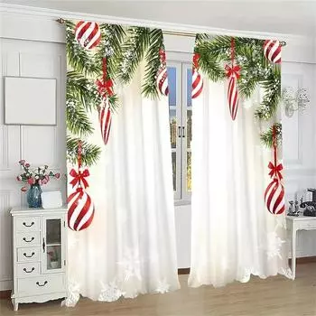 3D 2pc,Christmas Ball Pine Leaves Curtain,With Rod Pocket Mount,Digital Printed Curtains,Polyester Material,For Living room Bedr W65X60H(cm)X2Pcs&Hook