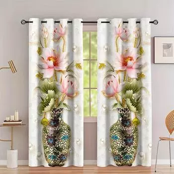 3D 2pcs 3D Beautiful Vase Lotus Flower Digital Printed Curtain Living Room Curtains Grommet Top Curtains Living Room Office Hom (50Wx50H)x2(CM)&Rod Pocket