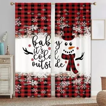 3D 2pcs,Christmas Snowman,Red Cow Checkered Pattern With Rod Pocket Mount Digital Printed Curtains For Bedroom Living Room Kitch W65X60H(cm)X2Pcs&Hook