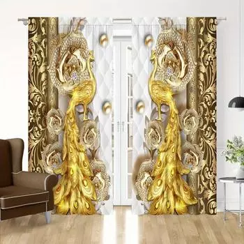 3D 2pcs Golden Peacock Curtain Study Room Kitchen Living Room Rod Pocket Top Window Drap Bedroom Accessories Room Decor Home Dec (W50H130cm)-2pcs&Rod Pocket
